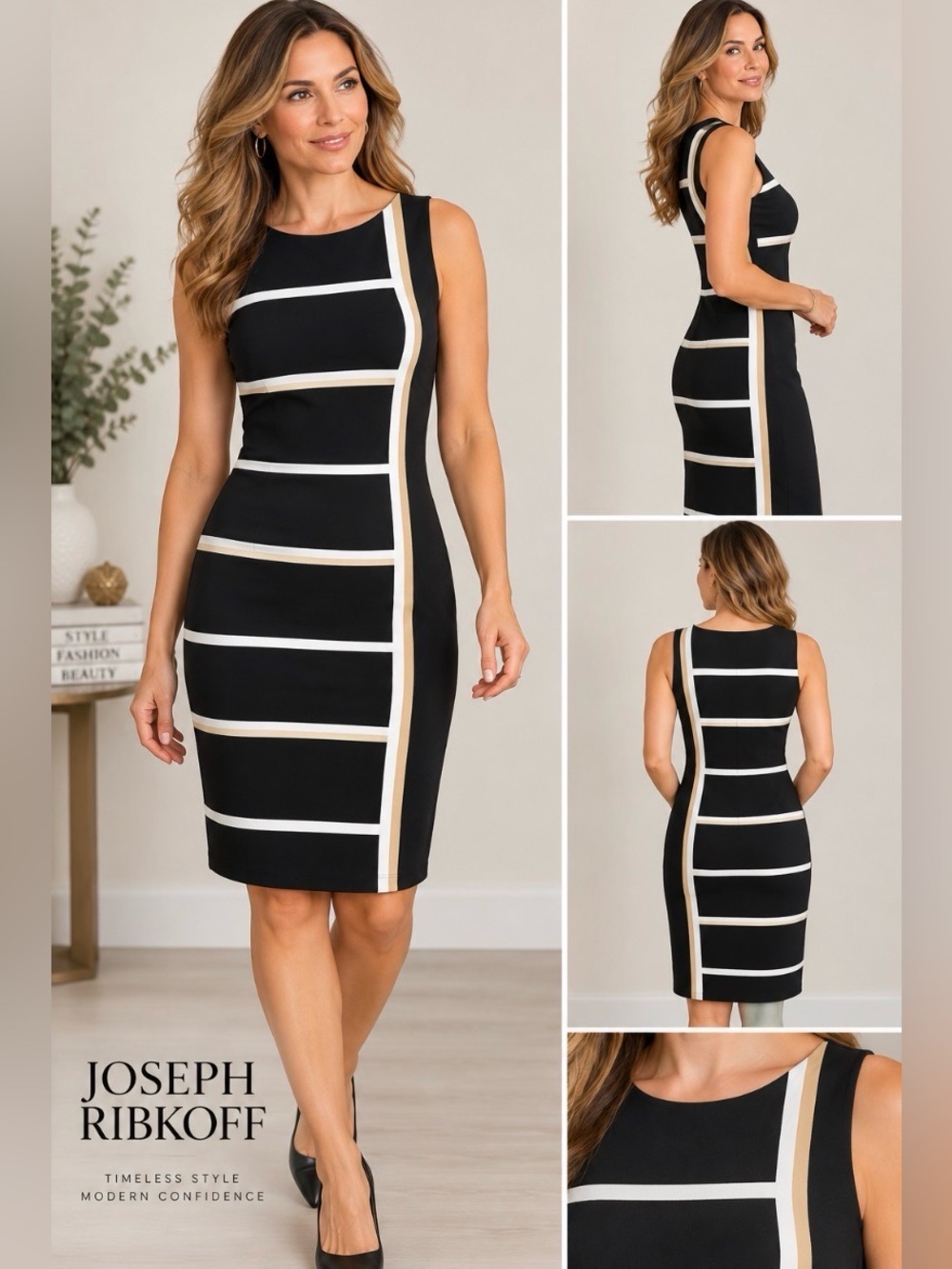 Joseph Ribkoff Black Midi Dress with White and tan Stripes
